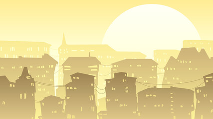 Horizontal cartoon stylistic illustration of downtown part of the city with roofs and windows at sunset.