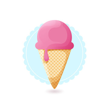 R&oacute;żowe lody w wafelku na niebieskiej serwetce. Roztapiający się słodki deser. L&oacute;d w rożku, jedna kulka - wz&oacute;r tła lub tapety. Smak truskawkowy.	
