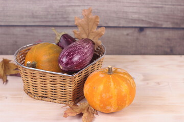 pumpkins and aubergines in beautiful heart basket.Health vegan and vegetarian food concept.
