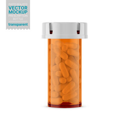Orange transparent prescription bottle mockup. Vector illustration.