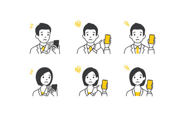 Set of avatars. Characters of business men and women. holding smartphone with negative emotion. Isolated on white background. Vector illustration in flat style.	
