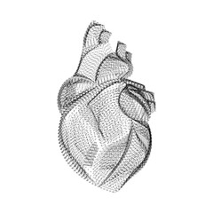 Human heart silhouette consisting of black dots and particles. 3D vector wireframe of internal organ with a grain texture. Abstract geometric icon with dotted structure isolated on a white background