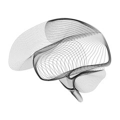Human brain silhouette consisting of black dots and particles. 3D vector wireframe of internal organ with a grain texture. Abstract geometric icon with dotted structure isolated on a white background