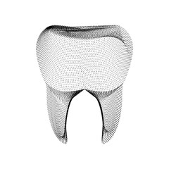 Tooth silhouette consisting of black dots and particles. 3D vector wireframe of a molar dent with a grain texture. Abstract geometric dental icon with dotted structure isolated on a white background