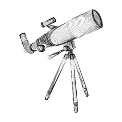 Telescope silhouette consisting of black dots and particles. 3D vector wireframe of a spyglass with a grain texture. Abstract geometric icon with dotted structure isolated on a white background