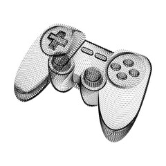 Joystick silhouette consisting of black dots and particles. 3D vector wireframe of a gamepad controller device with a grain texture. Abstract geometric icon with dotted structure isolated on white