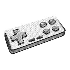 Joystick silhouette consisting of black dots and particles. 3D vector wireframe of a gamepad controller device with a grain texture. Abstract geometric icon with dotted structure isolated on white