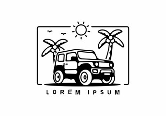 Black line art of off road car and coconut trees