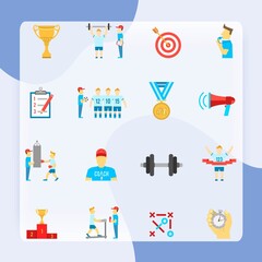 Coaching football team planning boxing training flat icons set with trophy winner abstract isolated vector illustration