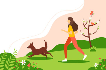 Woman running with the dog in the park. The concept of an active lifestyle. Spring illustration in flat style. 