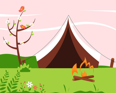 Landscape with a tent, forest and fire in spring. Background image of outdoor recreation.  