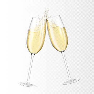 Transparent realistic two glasses of champagne, isolated.
