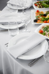 
Beautifully set table in the banquet hall of the restaurant. A table with appetizers for wine, cold dishes and salads. White tablecloths and napkins