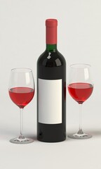 Wine bottle with blank label and two glasses 3D render