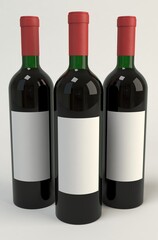 Three wine bottles with blank label 3D render on white background