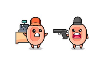illustration of the cute soap as a cashier is pointed a gun by a robber
