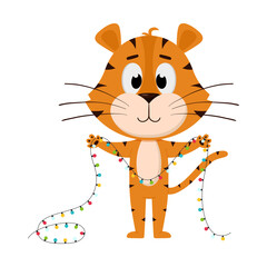 The tiger holds a garland in its paws. Cute cartoon character. The tiger is the symbol of the year 2022. Vector illustration for children. Isolated on a white background.