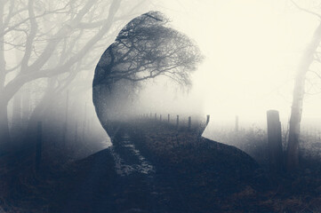 Fototapeta A double exposure of a spooky half transparent hooded figure. Over layered over a foggy path in the countryside. On a moody foggy winters day. obraz