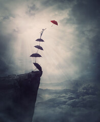 Surreal adventure, epic scene with a determined man climbing an improvised stairway of umbrellas,...