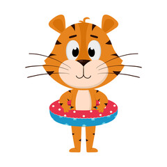 A tiger stands with an inflatable lifebuoy. Cute cartoon character. The tiger is the symbol of the year 2022. Vector illustration for children. Isolated on a white background.