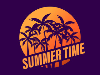 Fototapeta premium Summer time. Palm trees against a gradient sun in the style of the 80s. Synthwave and retrowave style. Design for advertising brochures, banners, posters, travel agencies. Vector illustration