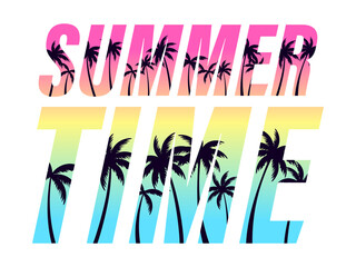 Summer time. Text with palm trees on a sunset. 80s retro design for banner, poster and party invitations. Vector illustration