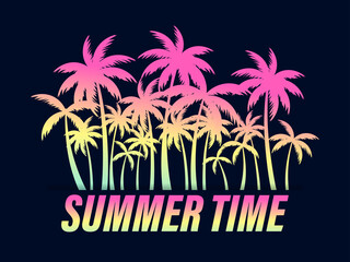 Fototapeta na wymiar Summer time. Palm trees with a gradient on a black background. Design for advertising brochures, banners, posters and travel agencies. Vector illustration