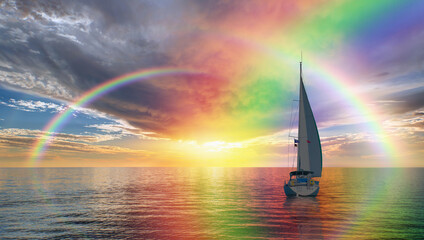 Yacht sailing in open sea at stormy day - Anchored sailing yacht on calm sea with tropical storm...