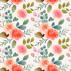 Seamless pattern of orange pink rose with watercolor