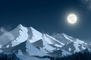 The snowy peaks of the mountains in the moonlight against the background of the night sky and fog with stripes of forest in the foreground. Digital drawing, illustration.