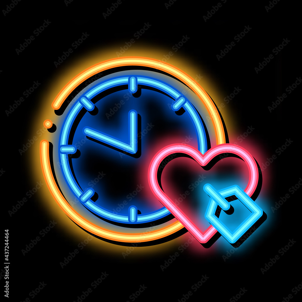 Canvas Prints Clock Time Heart neon light sign vector. Glowing bright icon Clock Time Heart sign. transparent symbol illustration