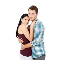 Happy young couple with white perfect smile in summer clothing embracing and looking camera on white background