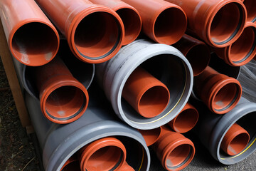 Tuyaux en plastique de diff&eacute;rentes tailles entass&eacute;s en gros plan