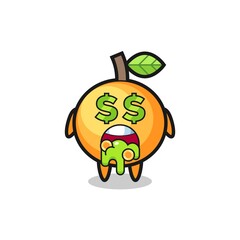 orange fruit character with an expression of crazy about money