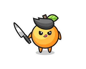 cute orange fruit mascot as a psychopath holding a knife