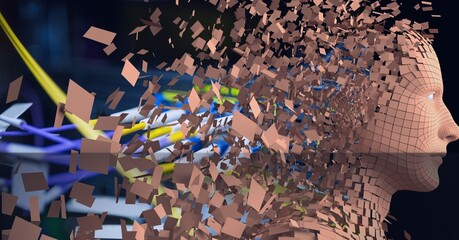 Composition of exploding human bust formed with particles and computer server