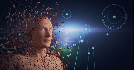 Composition of exploding human bust formed with particles over network of connections