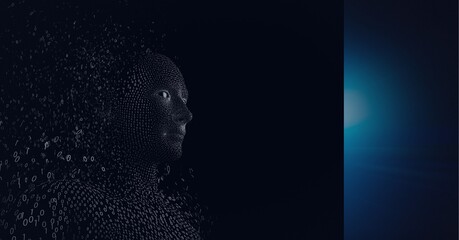 Composition of exploding human bust formed with binary coding with blue light
