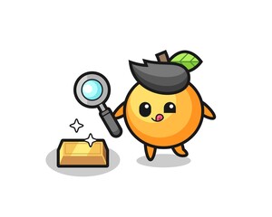 orange fruit character is checking the authenticity of the gold bullion