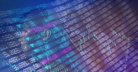 Obraz premium Composition of human bust formed with binary coding and financial data processing