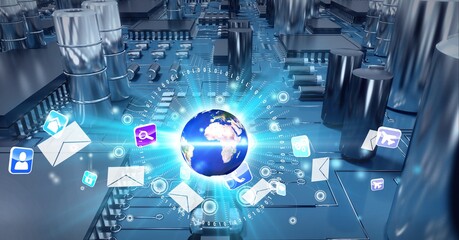 Composition of glowing globe over computer processor circuit board server