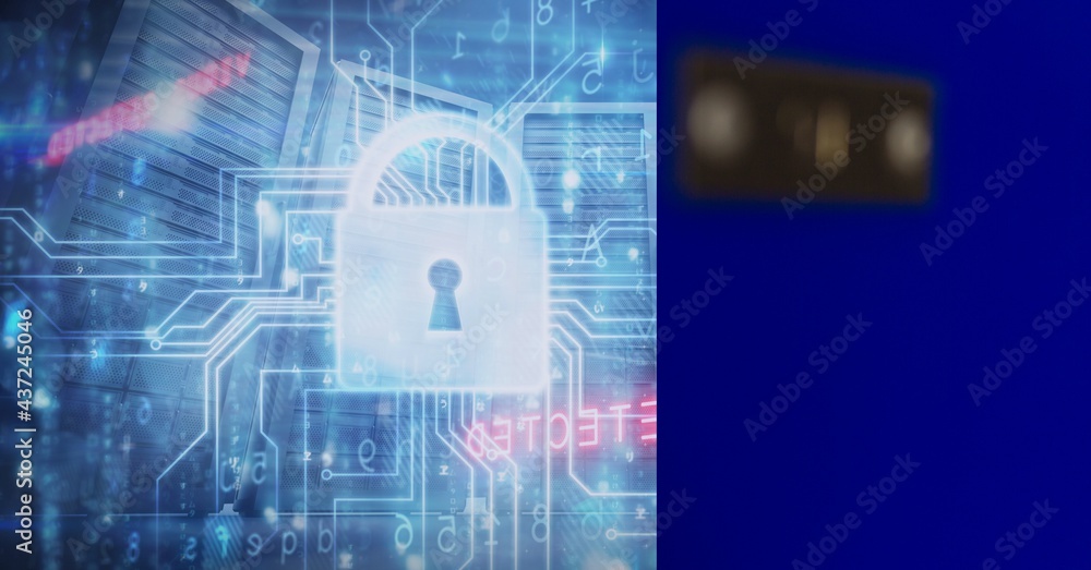 Poster composition of online security padlocks over computer circuit board and computer servers