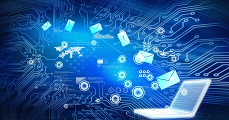 Composition of network of digital icons over laptop and computer circuit board
