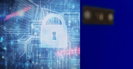 Composition of online security padlocks over computer circuit board and computer servers