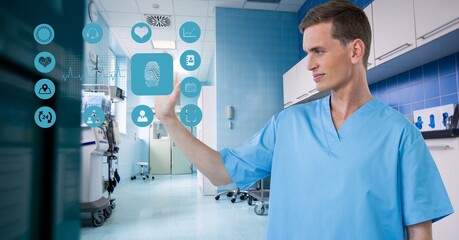Composition of male surgeon touching screen with medical icons - Powered by Adobe