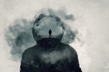 A mental health concept. A mans head covered in clouds. With a double exposure of a mans silhouette...