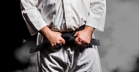 Composition of midsection of caucasian male martial artist with black belt over smoke on black © vectorfusionart