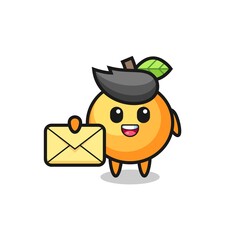 cartoon illustration of orange fruit holding a yellow letter