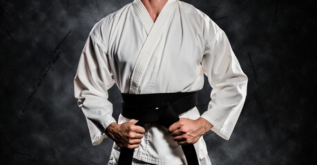 Composition of midsection of caucasian male martial artist with black belt over smoke on black