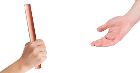 Composition of caucasian athletes passing orange relay baton isolated on white background